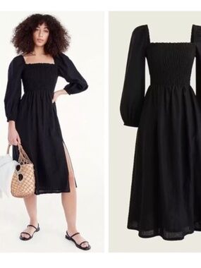 J. Crew Linen Square Neck Smocked Bodice Dress Size LP